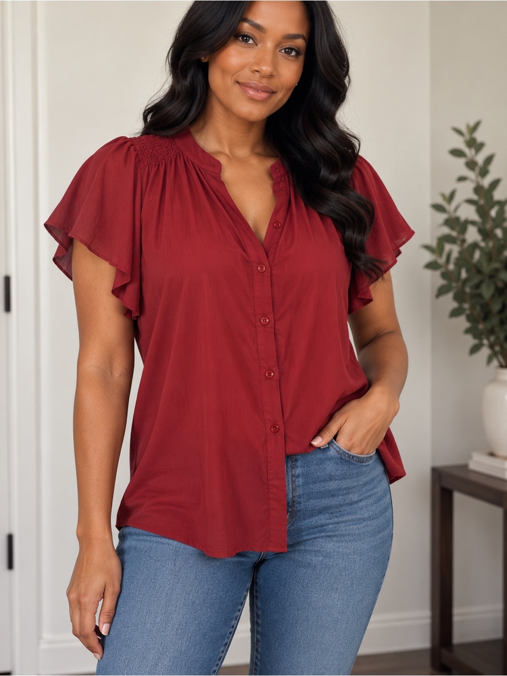 George Button-Front Flutter Sleeve Blouse - Deep Red